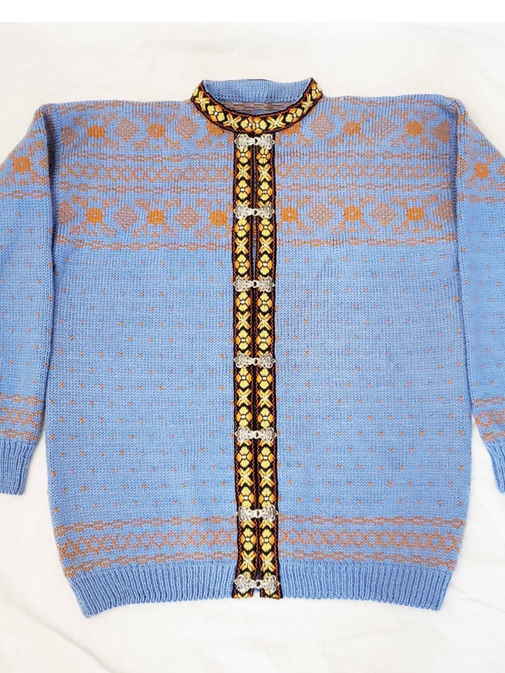 Vintage Women's Norwegian Fair Isle Wool Knit Cardigan Pumpkin Blue M